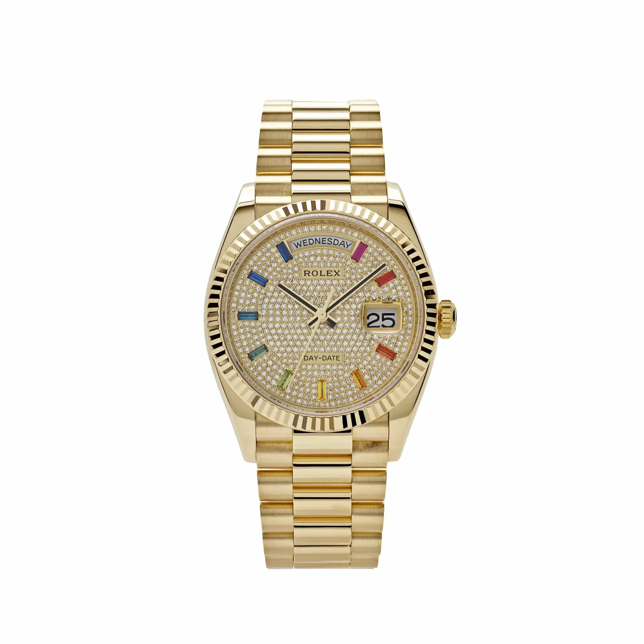 wjwdnvjrzuj.webp Replica Rolex Day-Date 128238 Yellow Gold Diamond-Paved Rainbow Dial - Image 1