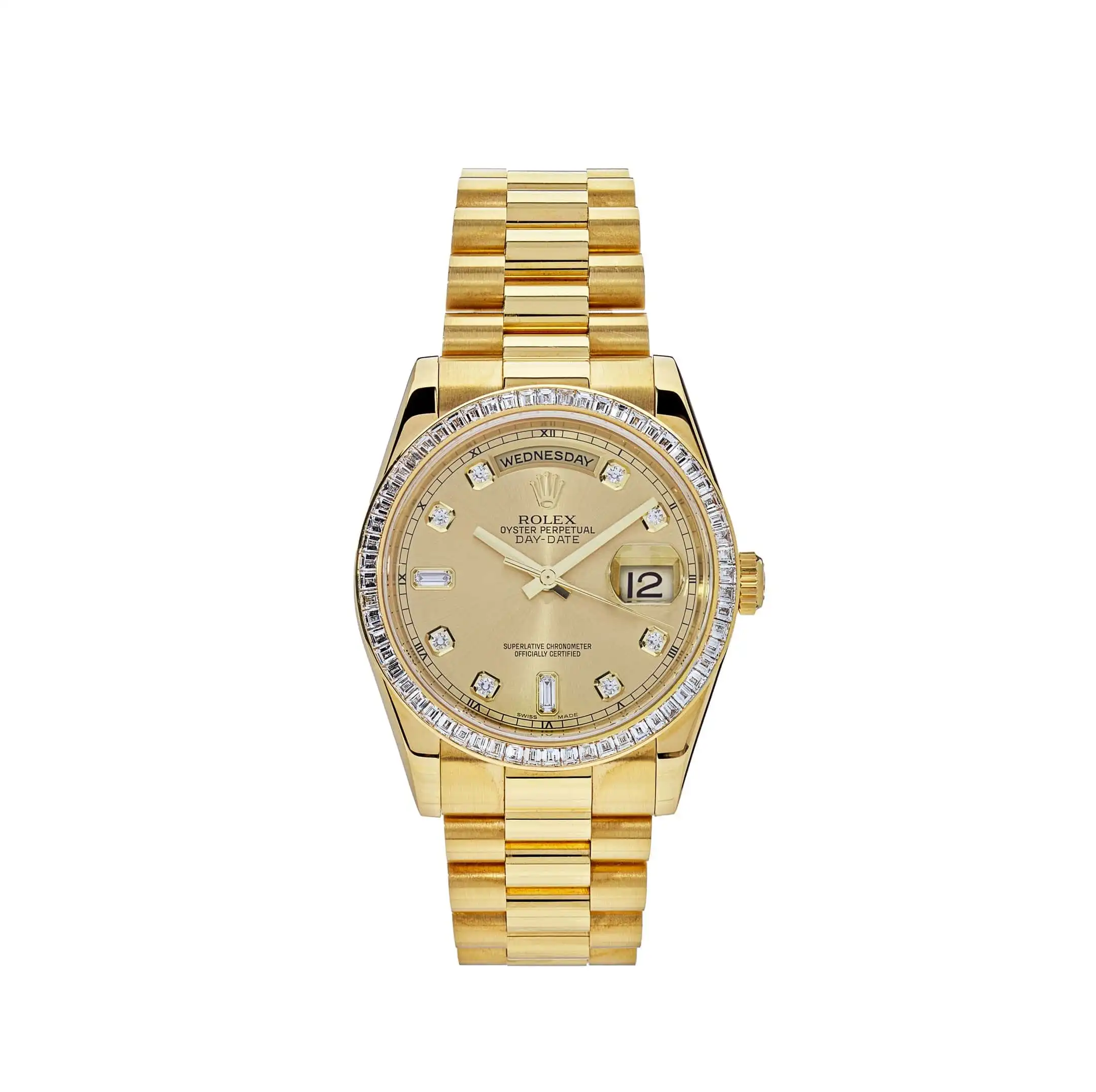 whq0k3ygqyi.webp Replica Rolex Day-Date 118398BR Yellow Gold Diamond Bezel Champagne Diamond Dial - Image 1