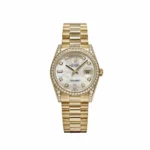 Replica Rolex Day-Date 118388 Yellow Gold White Mother of Pearl Dial Diamond Bezel