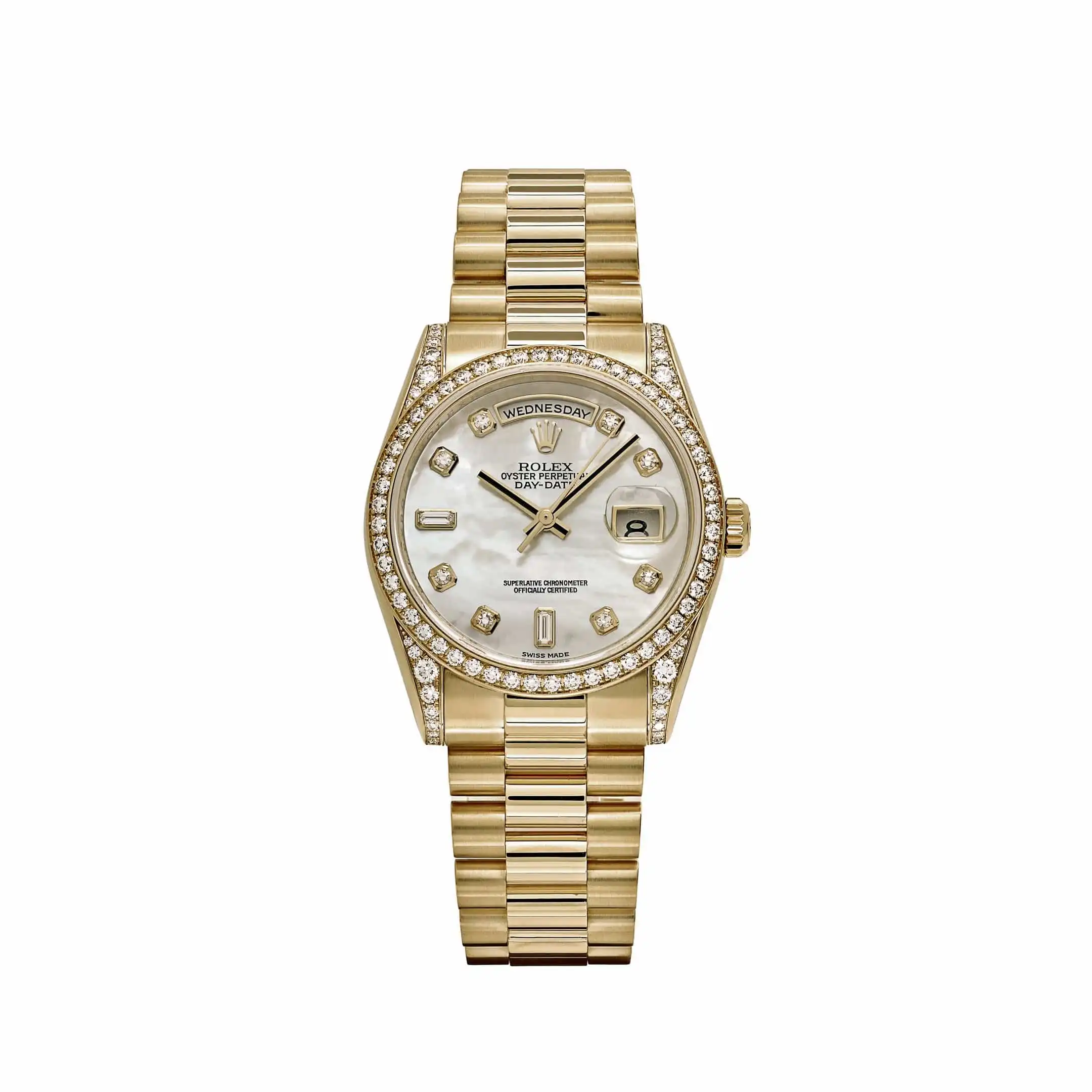 ul2uk33ppxv.webp Replica Rolex Day-Date 118388 Yellow Gold White Mother of Pearl Dial Diamond Bezel - Image 1