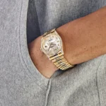 Replica Rolex Day-Date 118388 Yellow Gold White Mother of Pearl Dial Diamond Bezel - Image 3