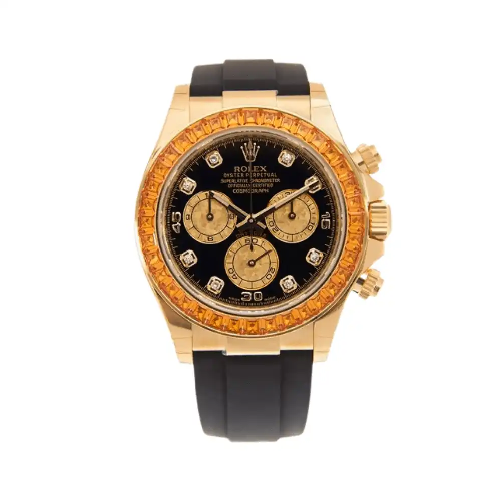 gsue405ric1.webp Rolex Daytona Replica 116588SACO Yellow Gold Orange Sapphire Bezel Black Diamo - Image 1