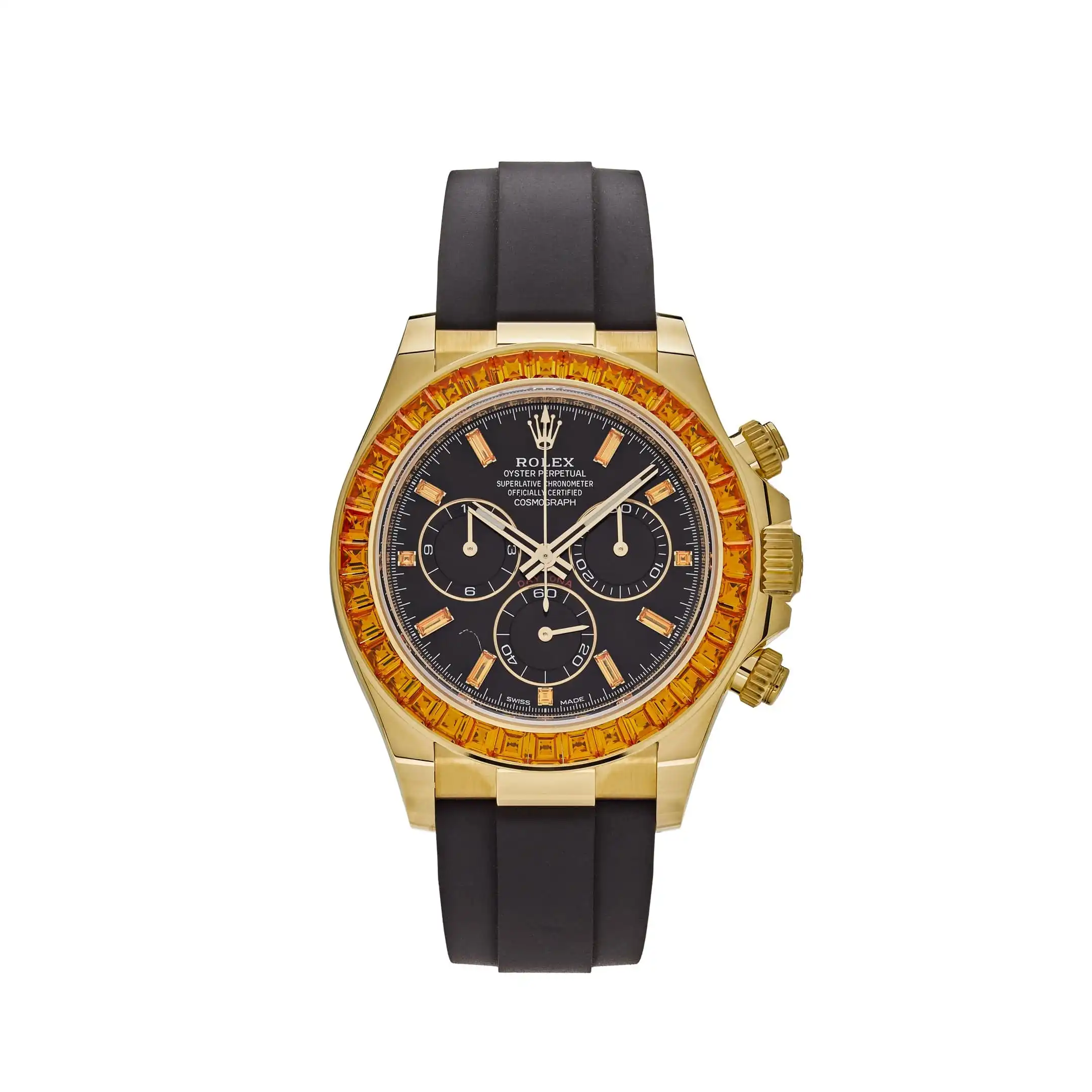 invajus1wpk.webp Rolex Daytona Replica 116588SACO Yellow Gold Orange Sapphire Bezel Black Diamond Dial - Image 1