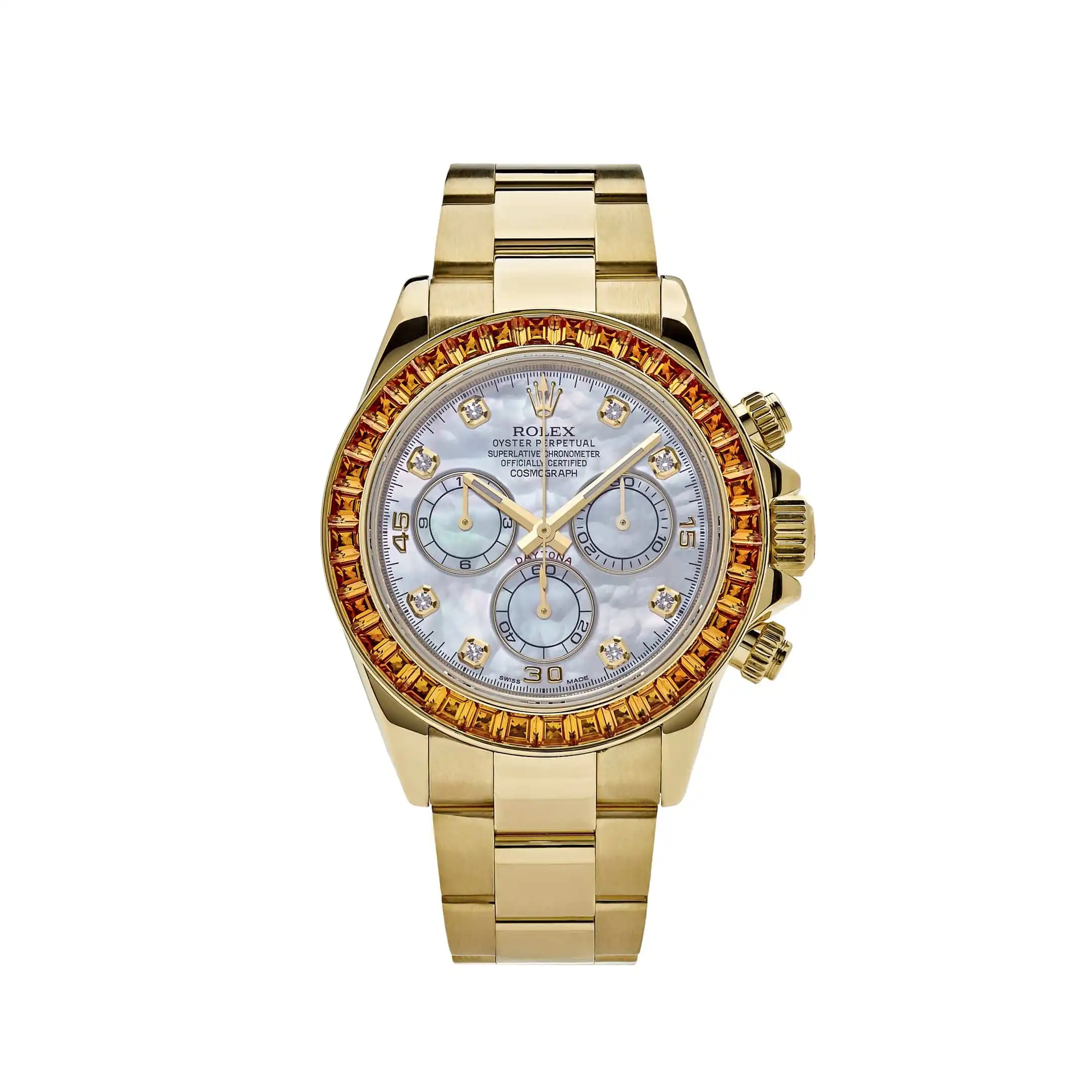 jrjlshuuids.webp Rolex Daytona Replica 116578SACO Yellow Gold Sapphire Bezel Mother Of Pearl Dial - Image 1