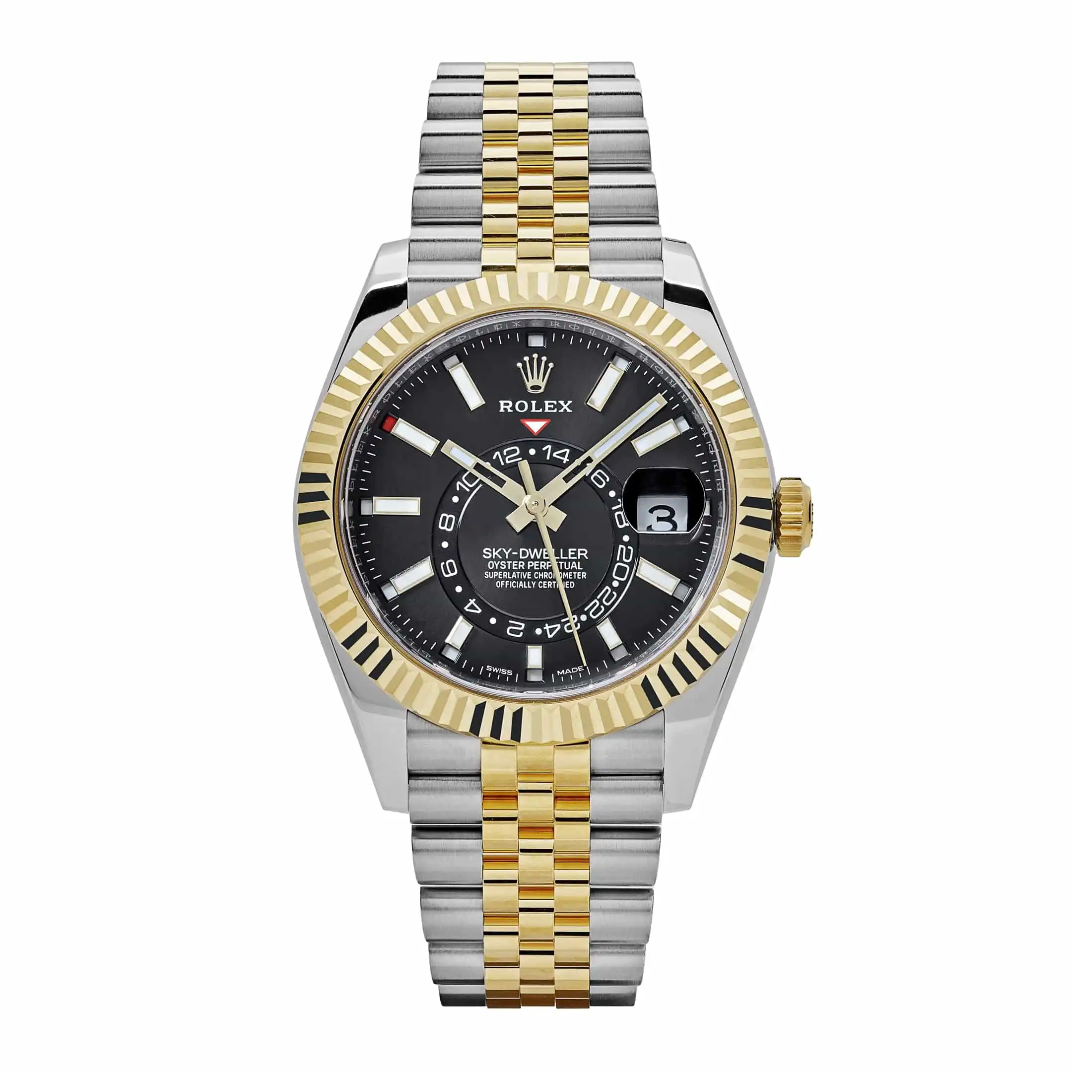 ze1gj41jpq1.webp Replica Rolex Sky-Dweller 336933 Stainless Steel Yellow Gold Jubilee Black Dial - Image 1