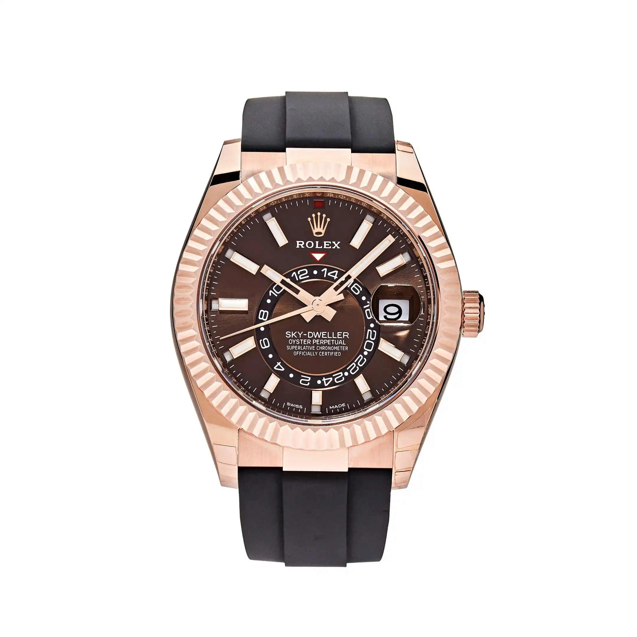 wycqk2jgf5i.webp Replica Rolex Sky-Dweller 336235 Rose Gold Brown Chocolate Dial Oysterflex - Image 1