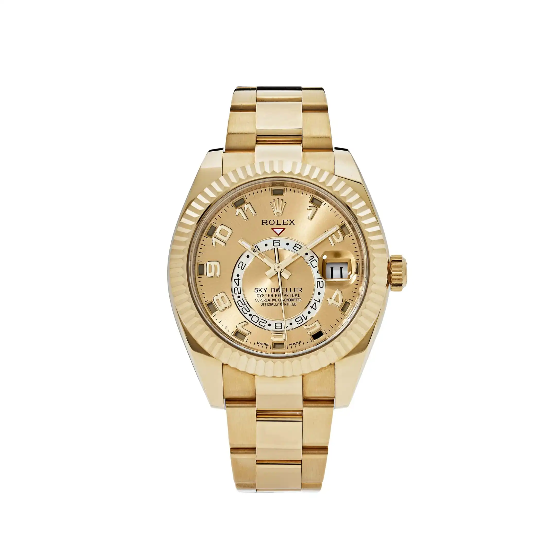 z4s5slsjl3c.webp Replica Rolex Sky-Dweller 326938 Yellow Gold Champagne Dial Arabic Numerals - Image 1