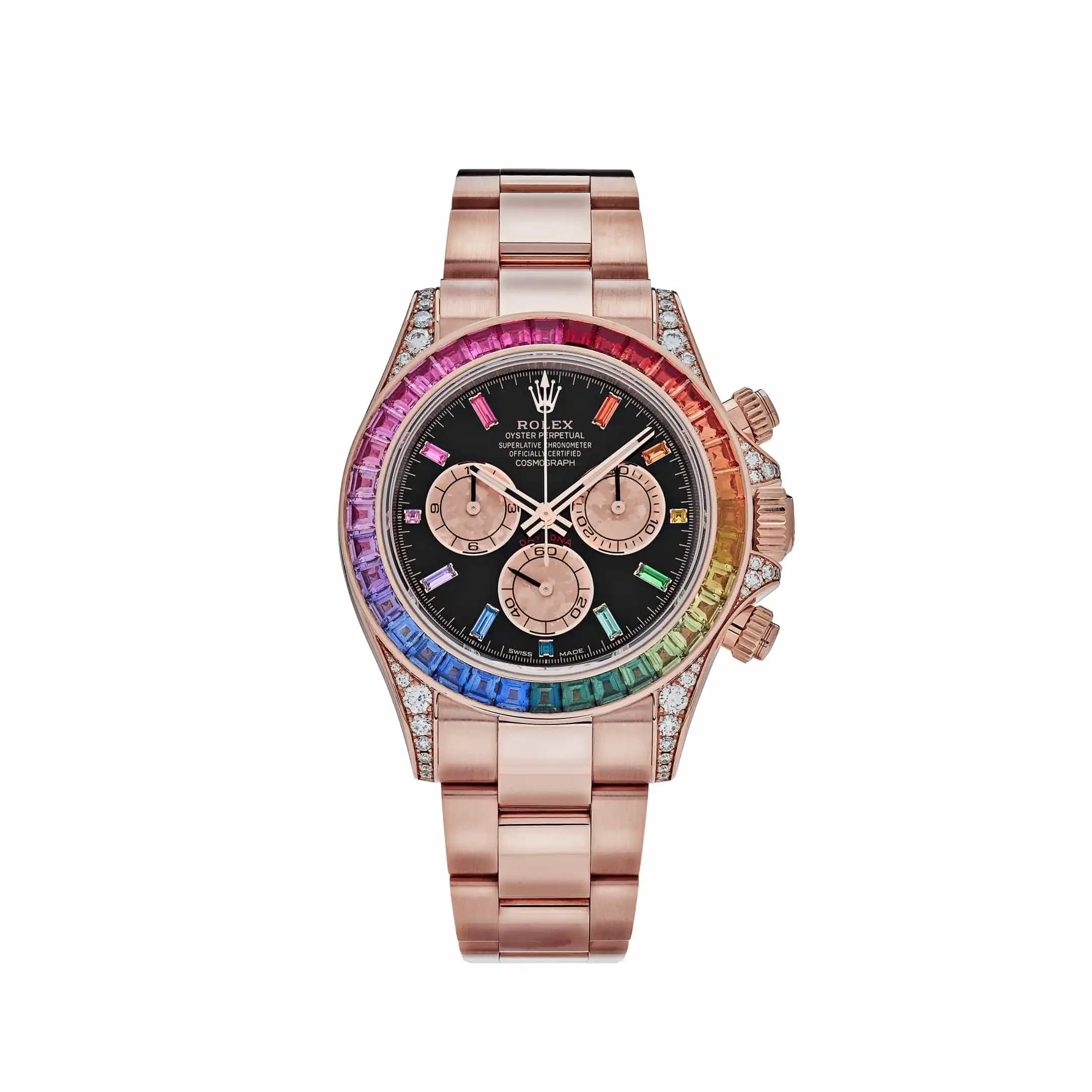 1xea2loh1b2.webp Rolex Daytona Replica 116595RBOW 'Rainbow' Rose Gold Black Dial Sapphire Bezel - Image 1