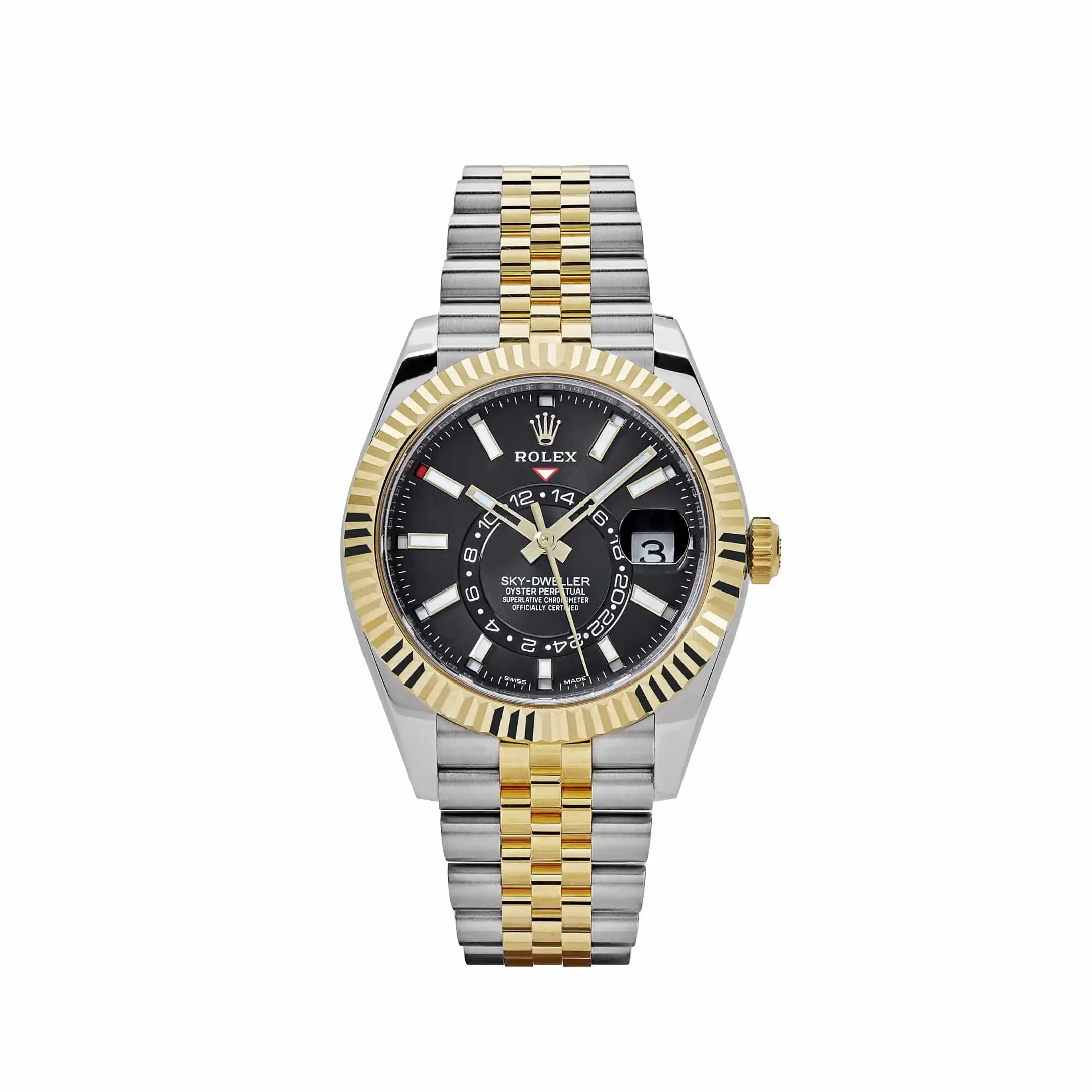 phsoykkhm5f.webp Replica Rolex Sky-Dweller 326933 Stainless Steel Yellow Gold Jubilee Black Dial - Image 1