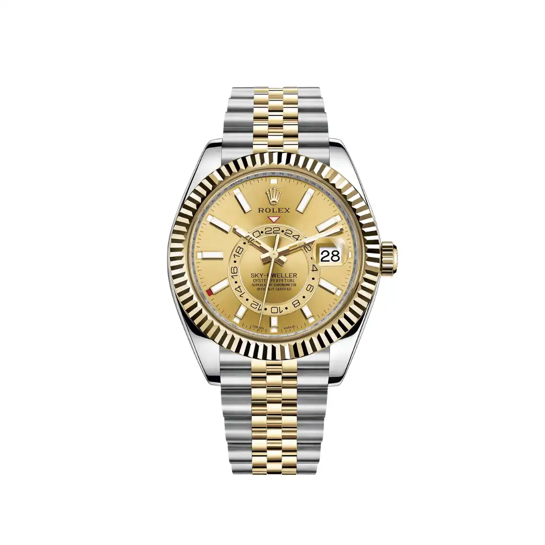 pd0odf12kpx.webp Replica Rolex Sky-Dweller 326933 Stainless Steel Yellow Gold Champagne Dial - Image 1