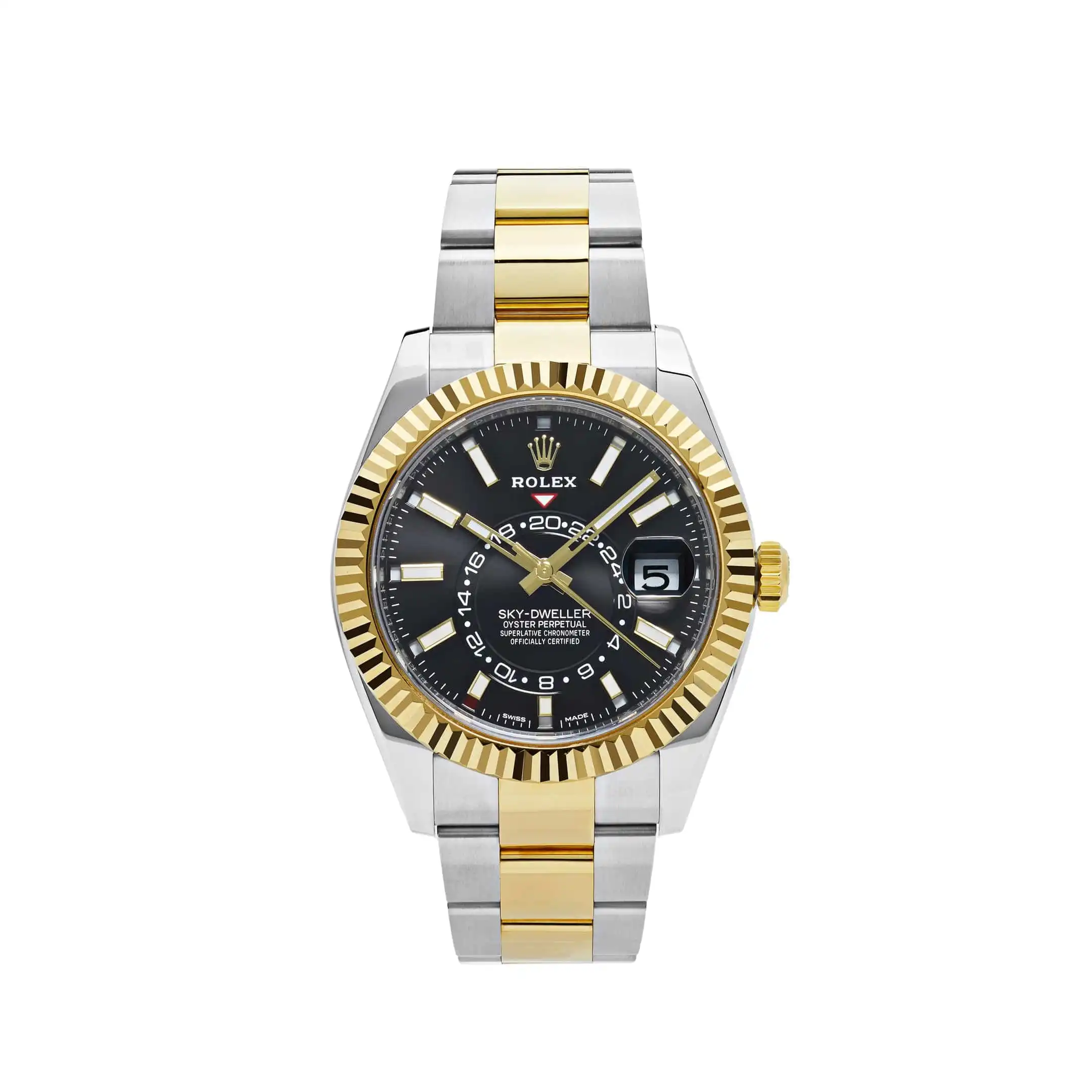 tby35ps5vnw.webp Replica Rolex Sky-Dweller 326933 Stainless Steel Yellow Gold Black Dial - Image 1