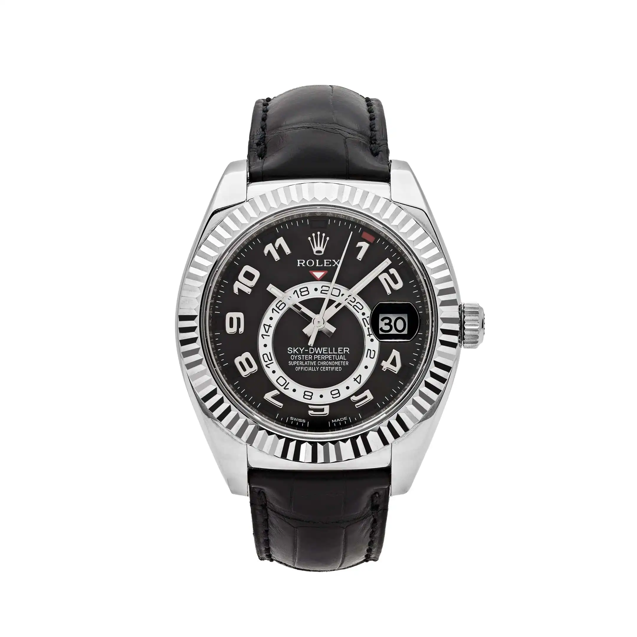 fomlndzjcpj.webp Replica Rolex Sky-Dweller 326139 White Gold Black Dial Leather Strap - Image 1