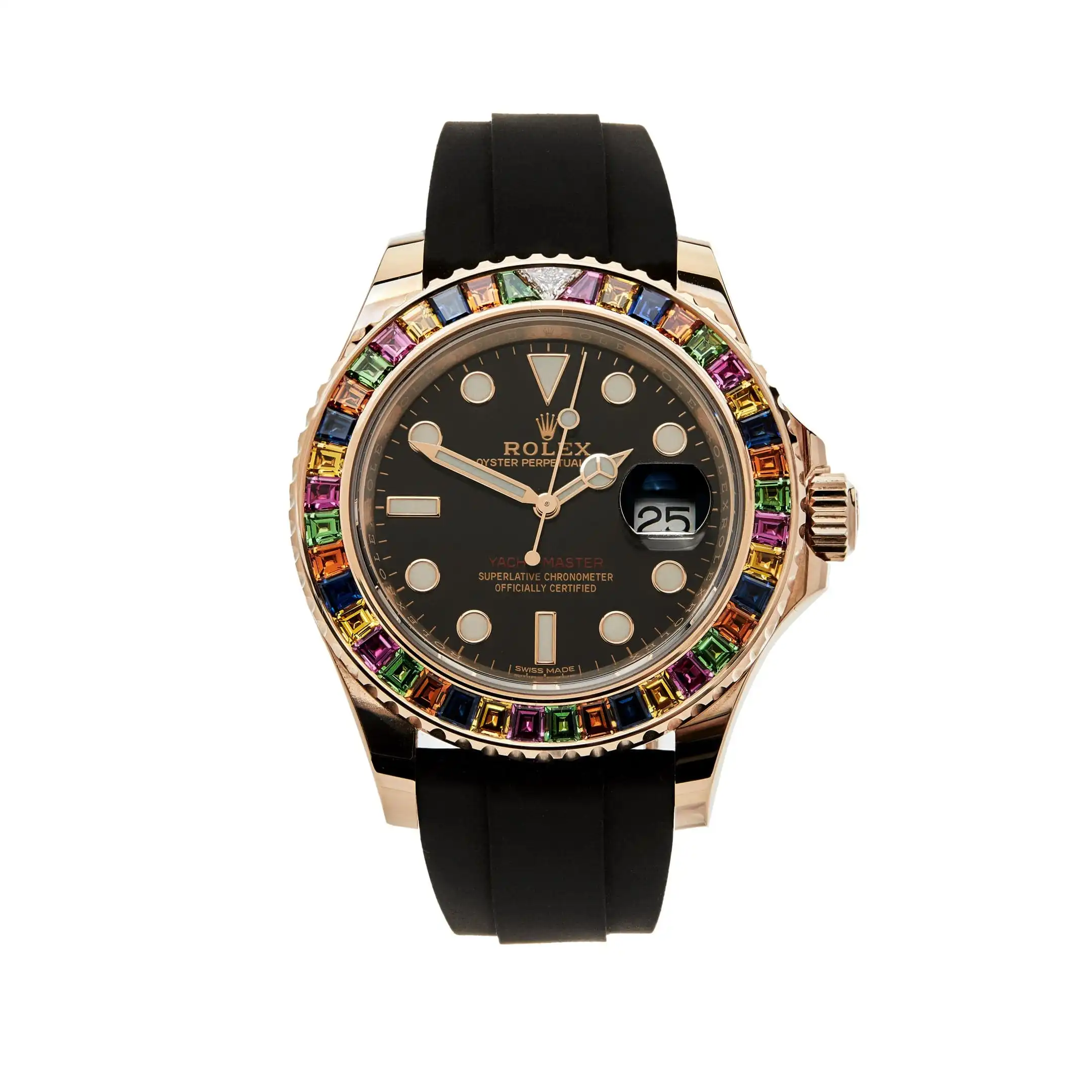 glgpcehb0nr.webp Rolex Yacht-Master Replica 116695SATS Rose Gold Black Dial Rainbow Bezel - Image 1