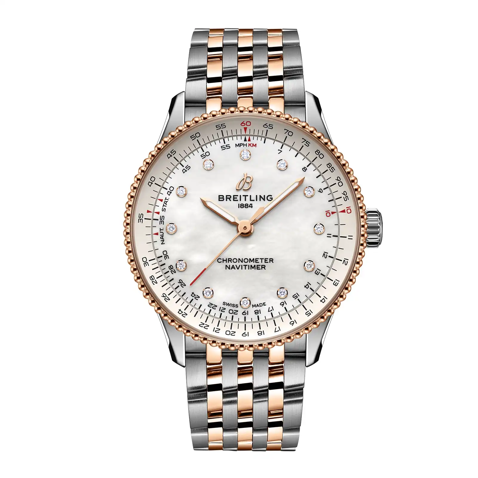 hhyndtmov4b.webp Replica Breitling Navitimer 36mm Ladies White Mother Of Pearl Stainless Steel And 18k Red Gold U17327211A1U1 - Image 1