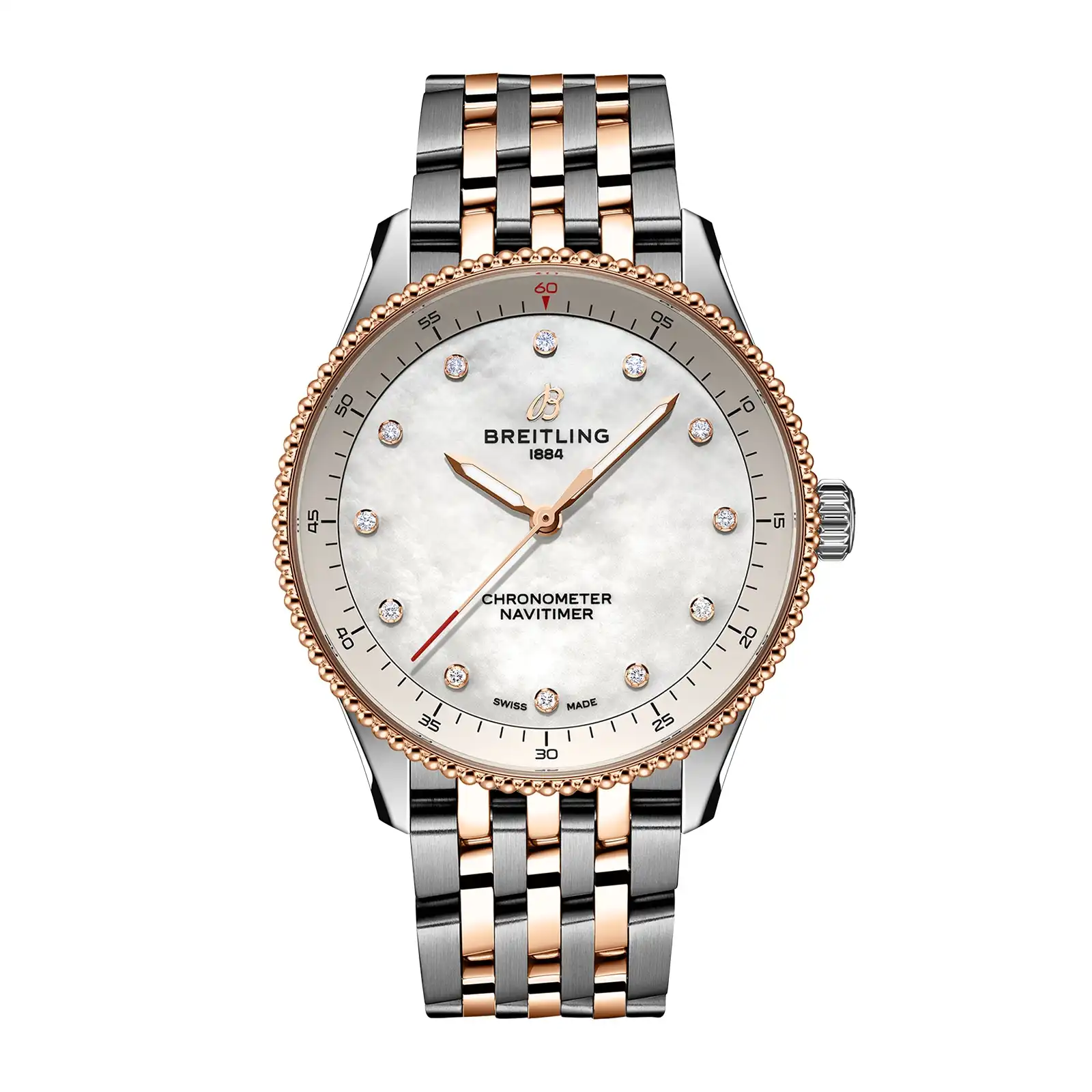 otq1r5jvff5.webp Replica Breitling Navitimer 32mm Ladies White Mother Of Pearl Stainless Steel and 18k Red Gold U77320E61A1U1 - Image 1
