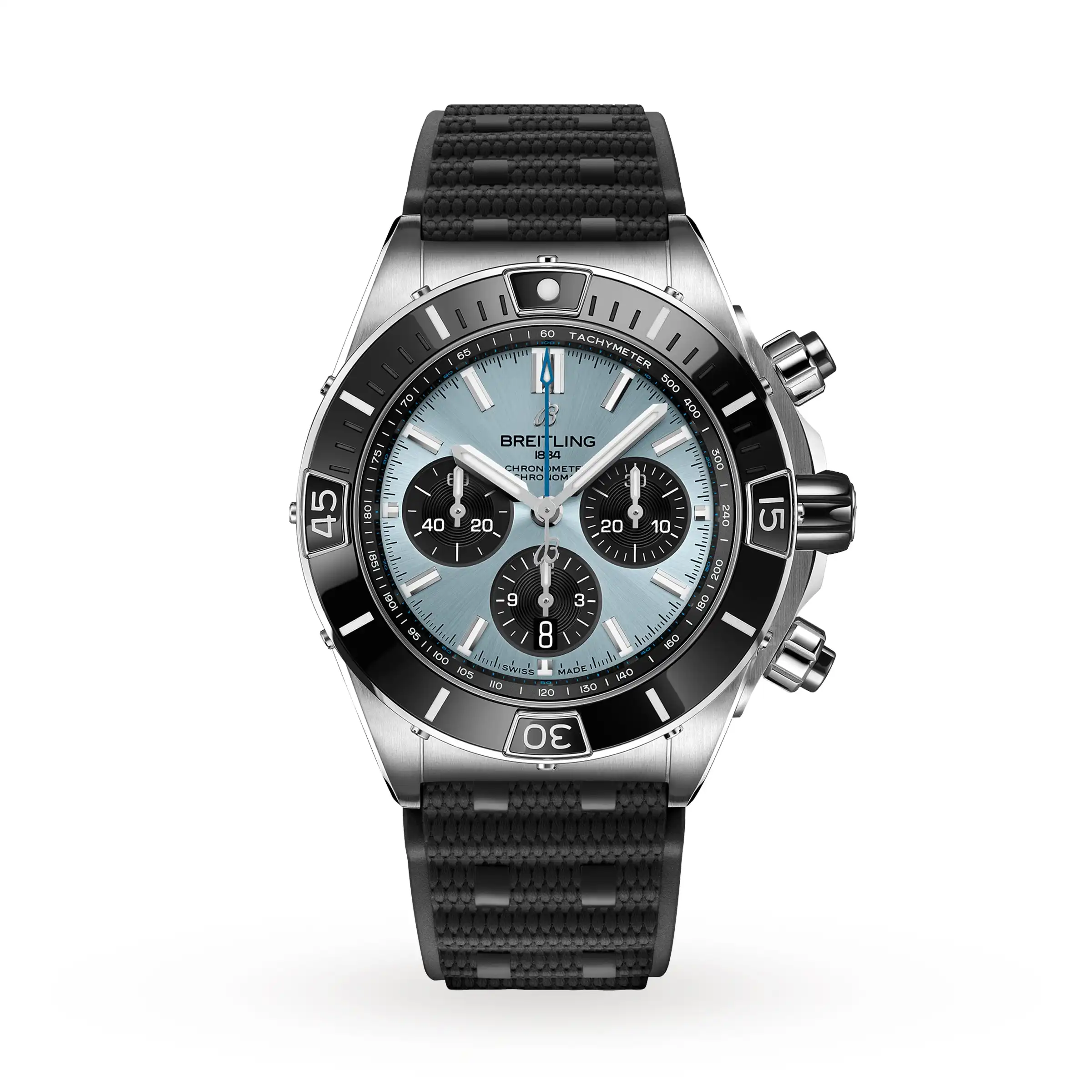 w34qvicqrvm.webp Replica Breitling Super Chronomat B01 44 Stainless Steel & Platinum - Ice Blue PB0136251C1S1 - Image 1