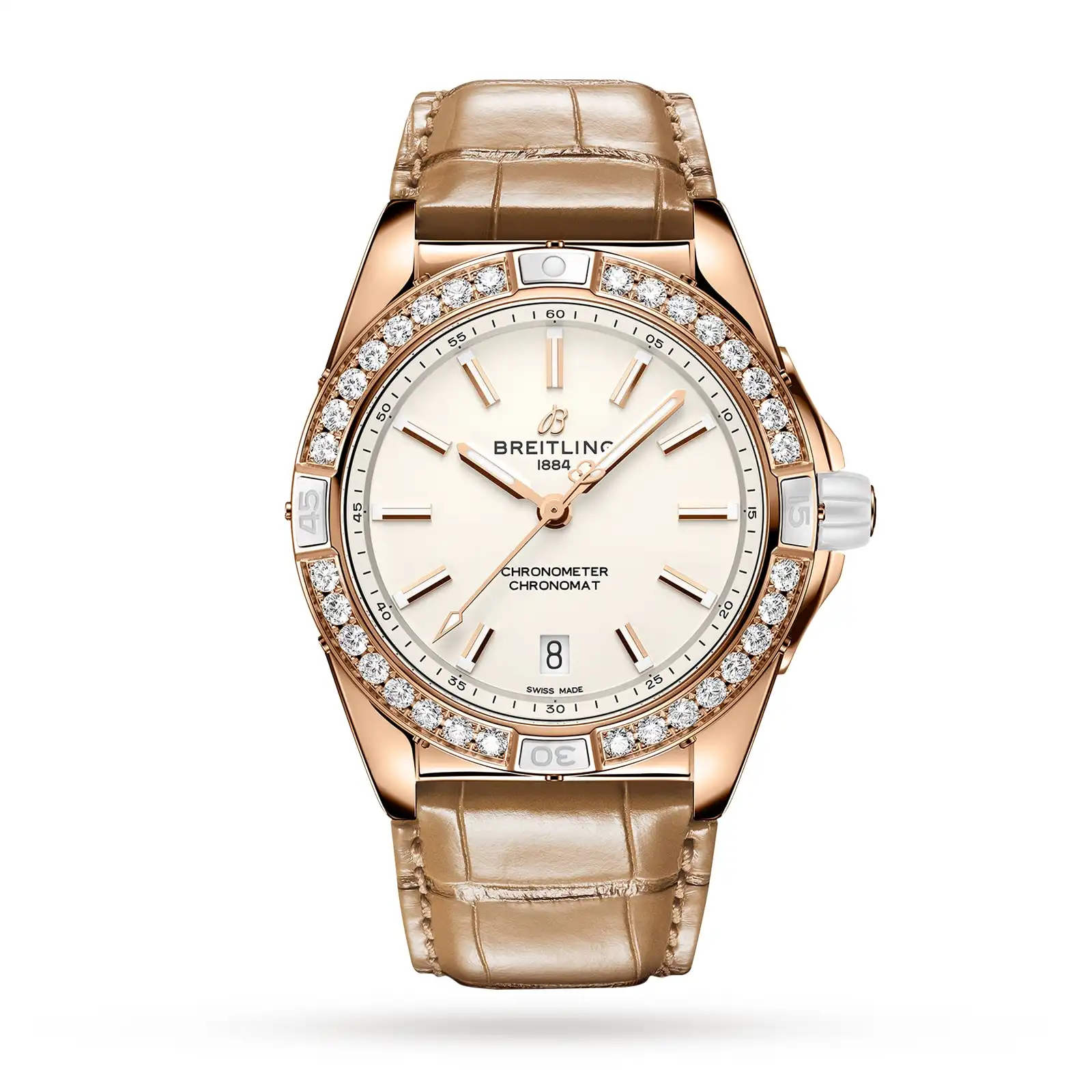 42jfnimqkgl.webp Replica Breitling Super Chronomat Automatic 38 Origins White 18ct Rose Gold Brown Leather Strap R17356531G1P1 - Image 1