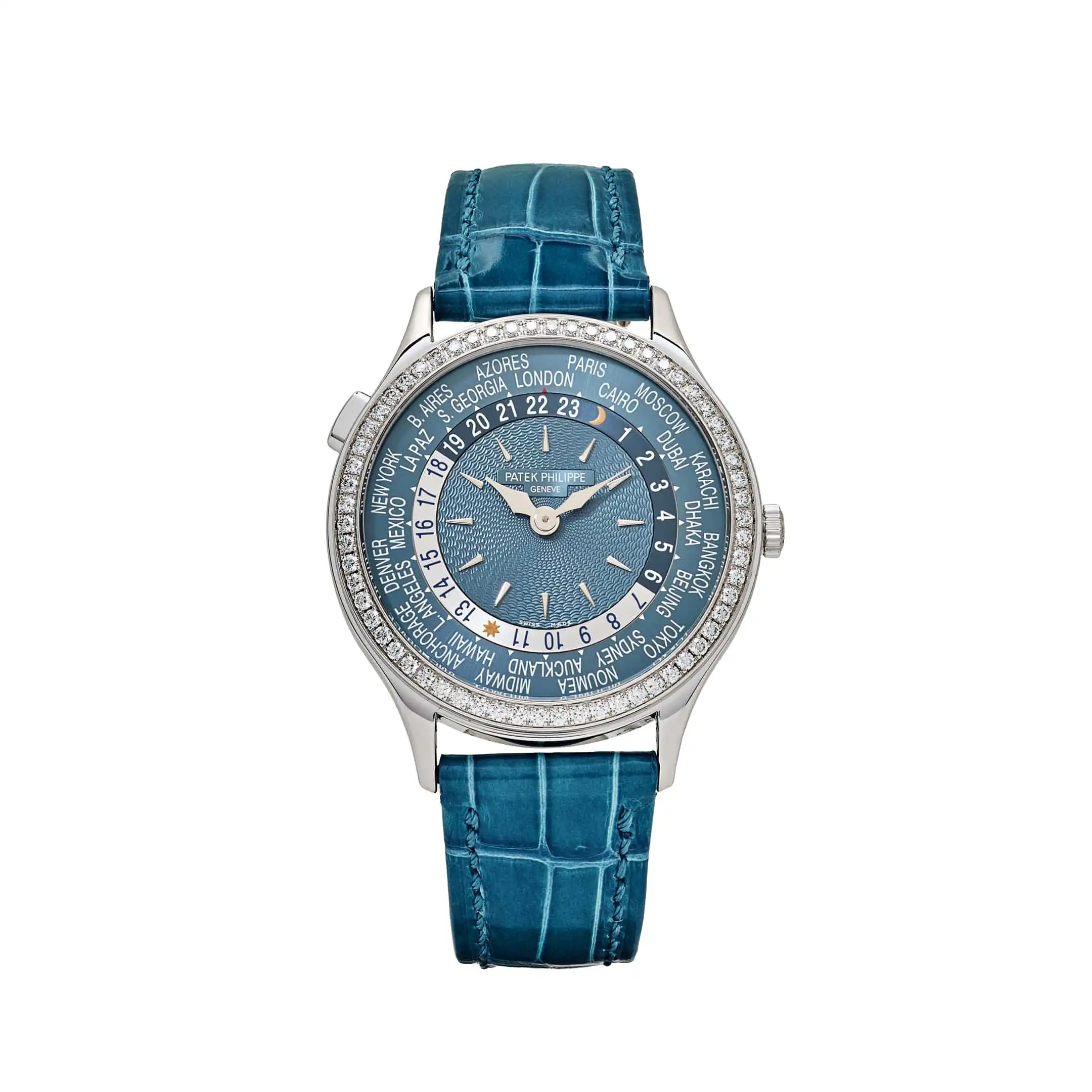 t5vyfkc10vi.webp Replica Patek Philippe Complications 7130G-016 Ladies World Time l White Gold Gray-Blue Dial Diamond Bezel - Image 1