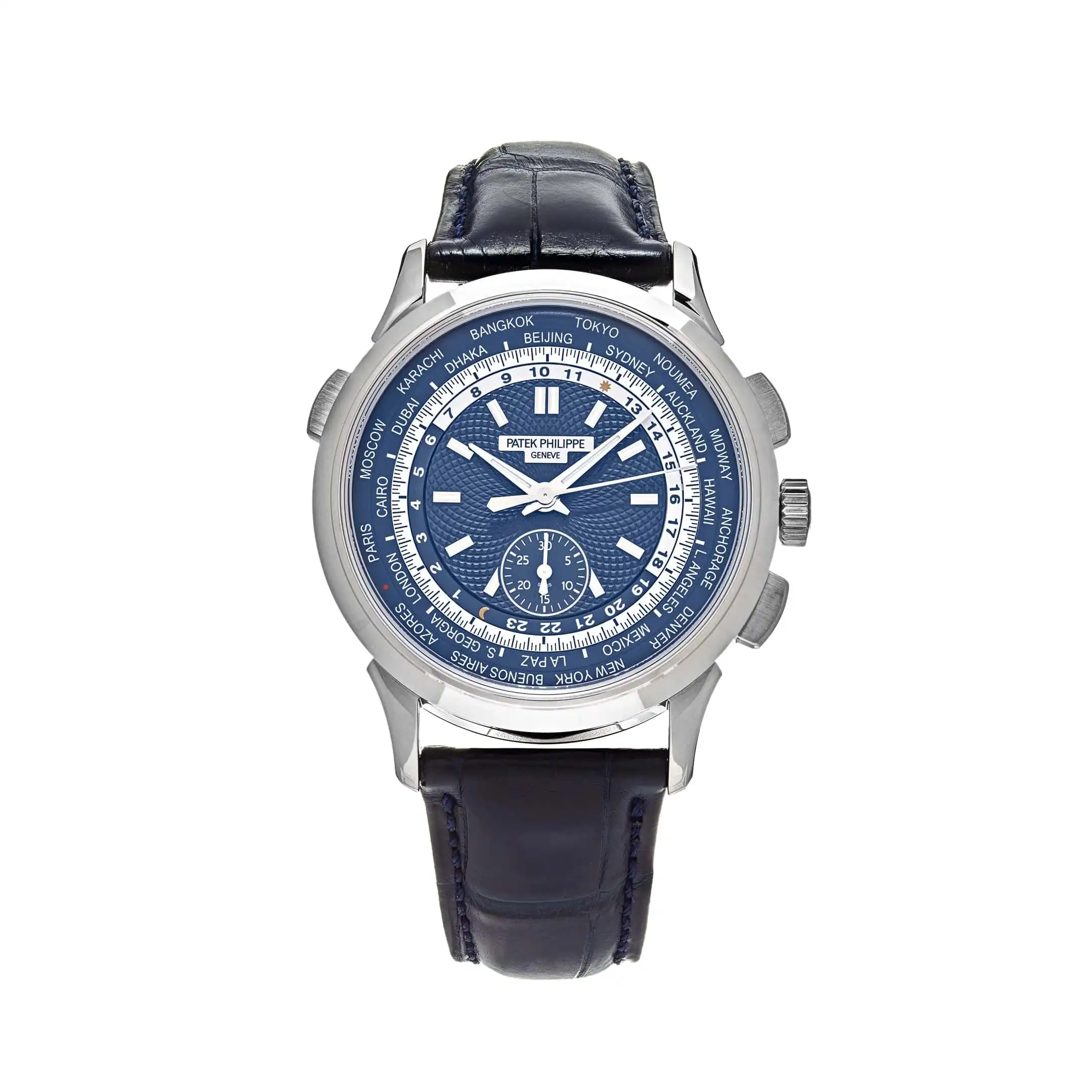 y34fhui2vyz.webp Replica Patek Philippe Complications 5930G-010 World Time Flyback Chronograph White Gold Blue Dial - Image 1