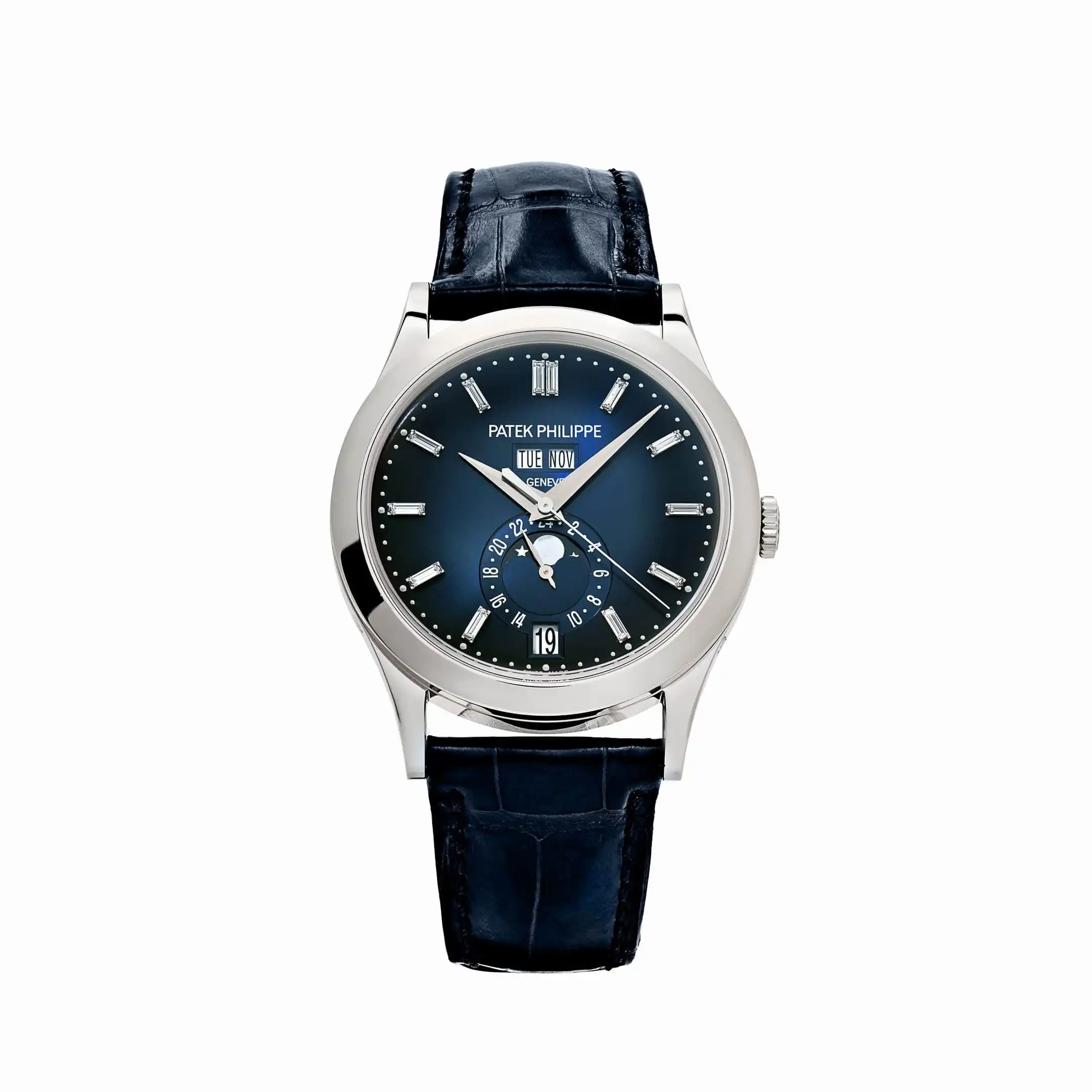 srgqzzif5fk.webp Replica Patek Philippe Complications 5396G-017 Annual Calendar Moon Phases White Gold Blue Dial - Image 1