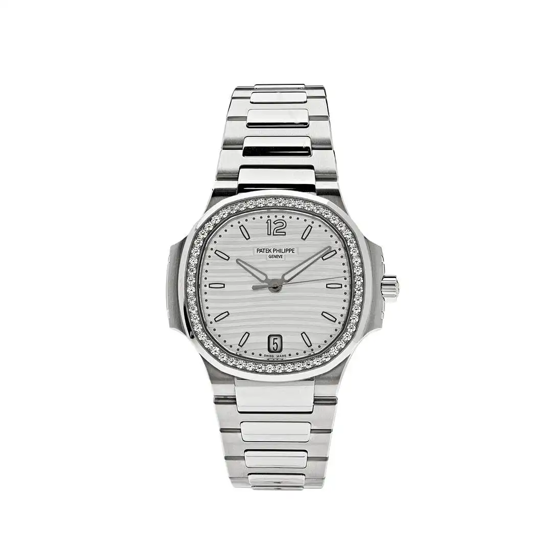 wgfjb5f4f3y.webp Replica Patek Philippe Nautilus 7118/1200A-010 'Ladies' Stainless Steel Silver Dial Diamond Bezel - Image 1