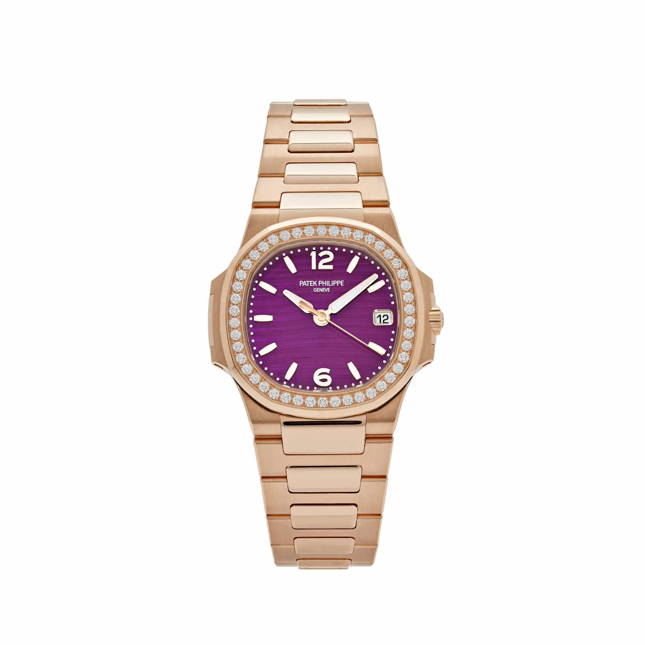 ldcb2piu0qr.webp Replica Patek Philippe Nautilus 7010/1R-013 'Ladies' Quartz Rose Gold Purple Diamond Bezel - Image 1