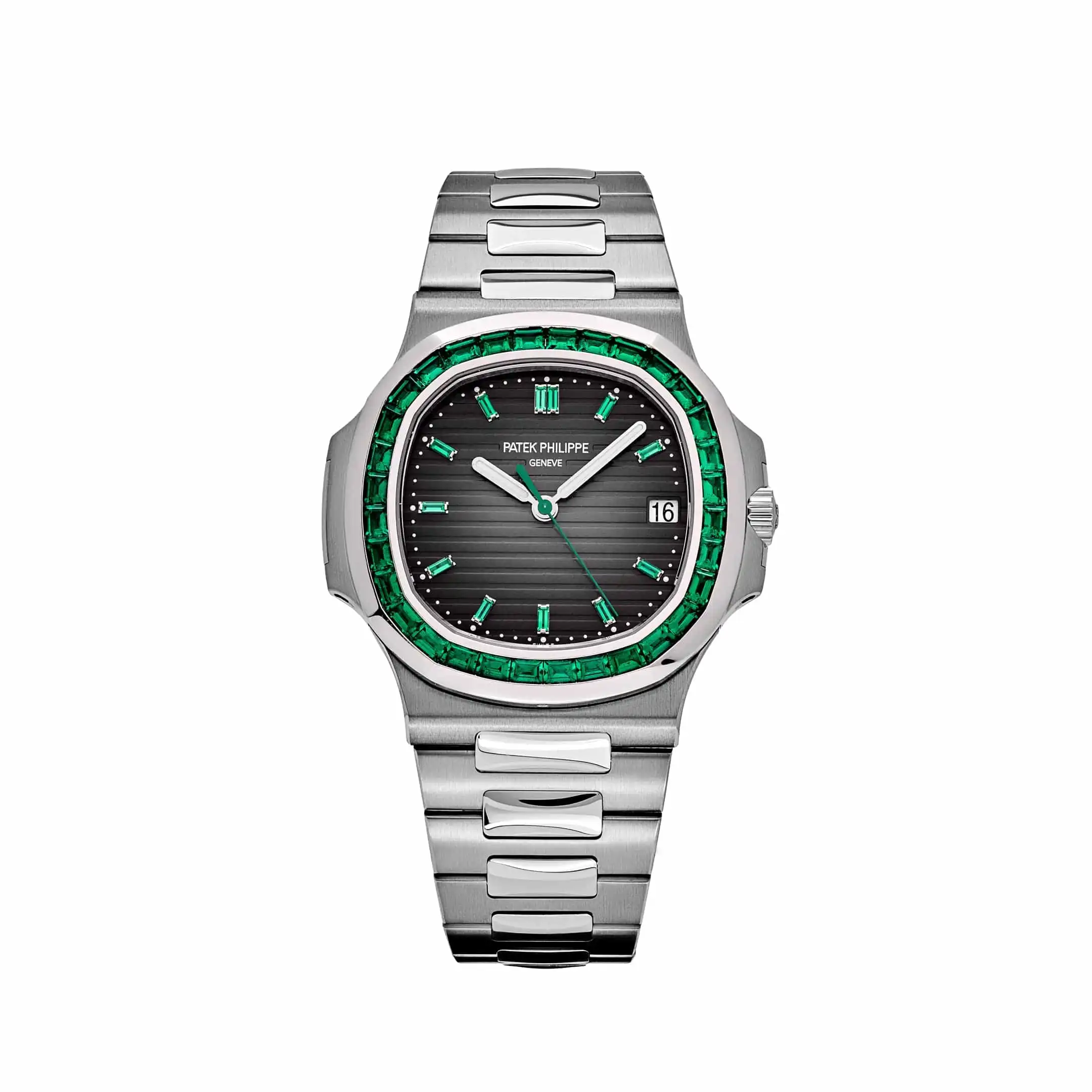 n2nnvhfv0gh.webp Replica Patek Philippe Nautilus 5711/113P-001 Date Platinum Emeralds Black Dial - Image 1