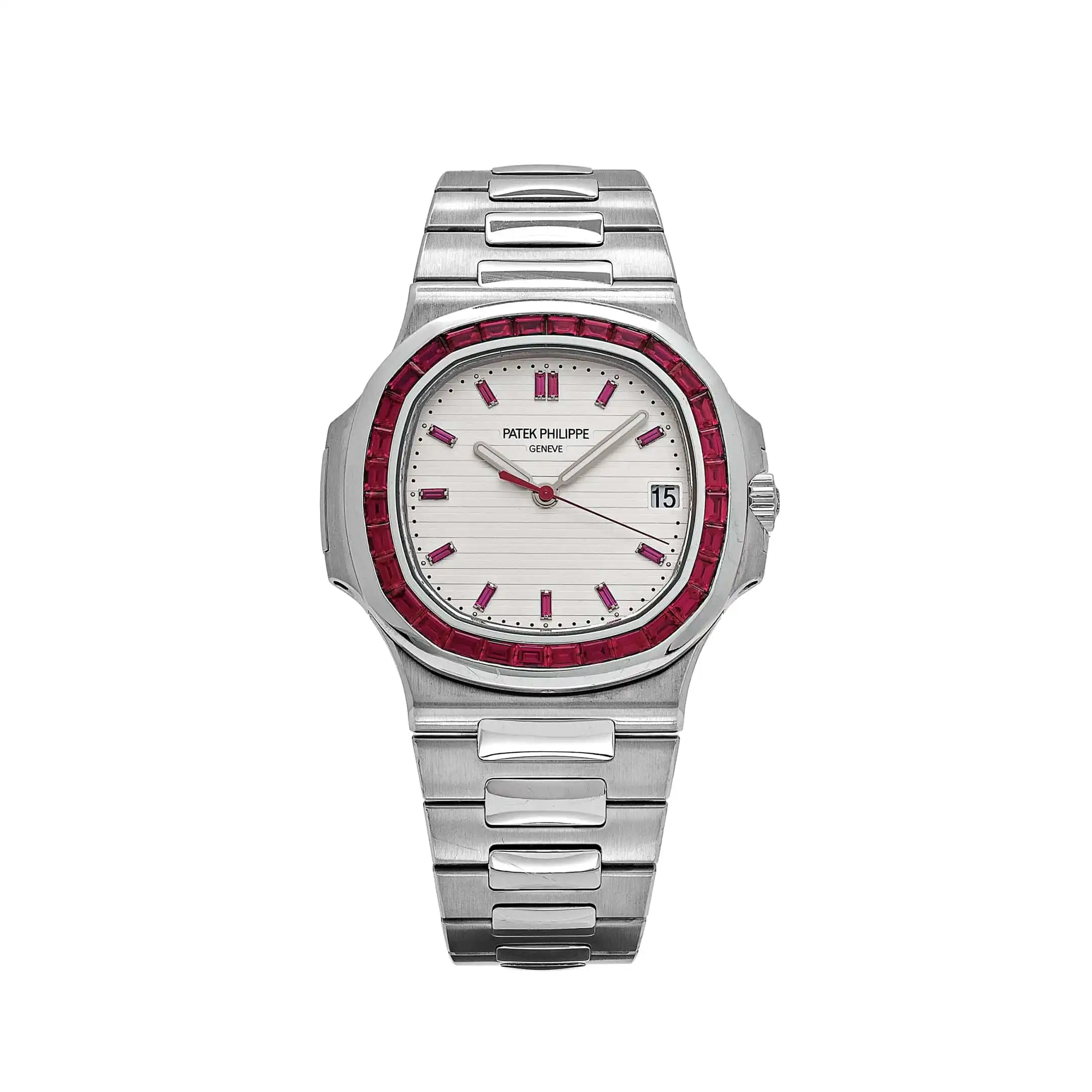 pc2nfc00xda.webp Replica Patek Philippe Nautilus 5711/112P-010 Platinum White Dial Ruby Bezel - Image 1