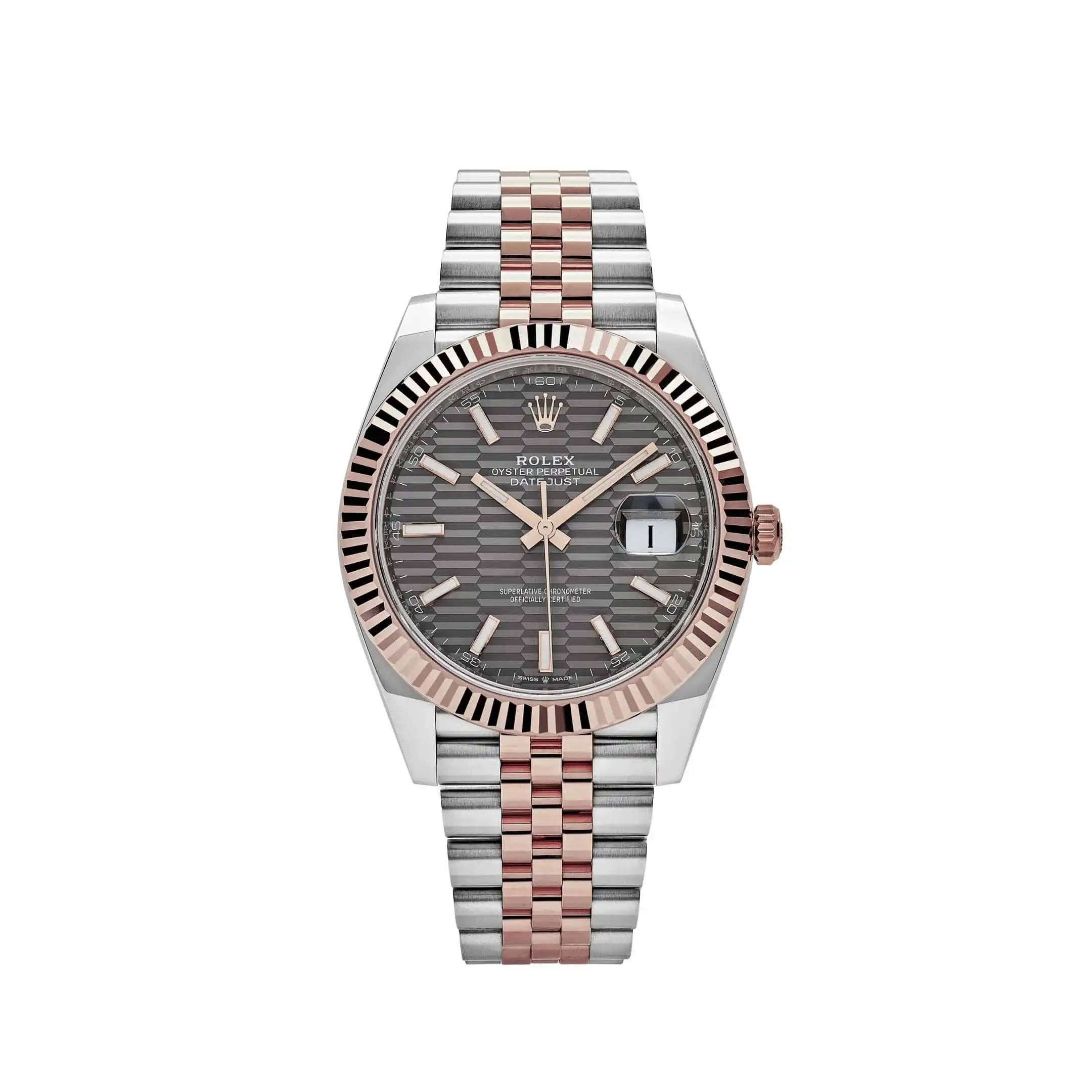i4nz0p4cisp.webp Rolex Datejust Replica 126331 Rose Gold Stainless Steel Rhodium Slate Fluted Motif Dial Jubilee - Image 1