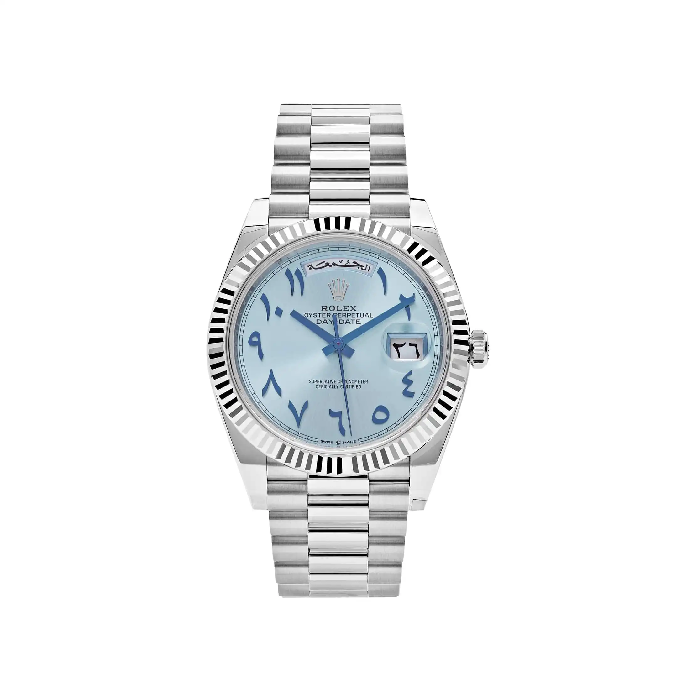 n3uedcbbitw.webp Replica Rolex Day-Date 228236 Platinum Ice Blue Arabic Dial - Image 1