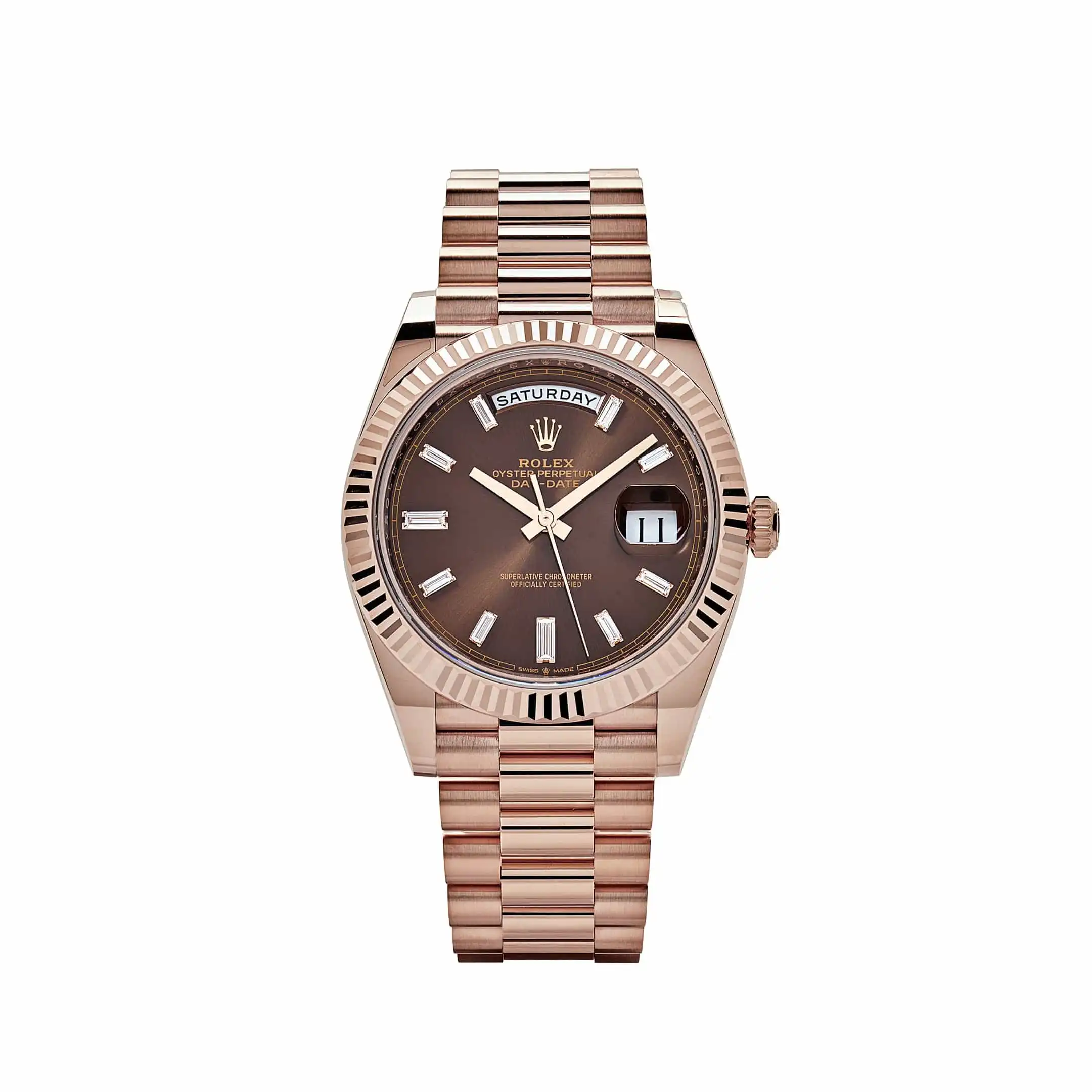 z10ebe4fbpo.webp Replica Rolex Day-Date 228235 Rose Gold Chocolate Baguette Diamond Dial - Image 1