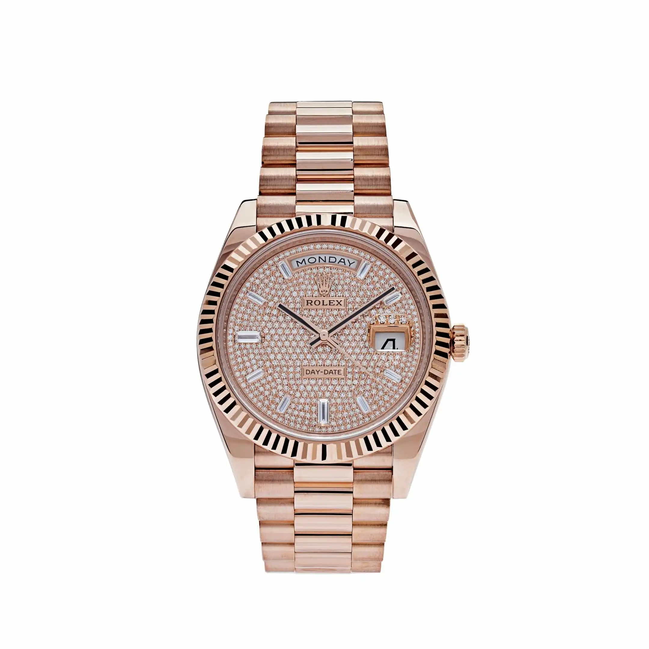 hbdjiy2ixkj.webp Replica Rolex Day-Date 228235 Rose Gold Baguette Diamond Paved Dial - Image 1