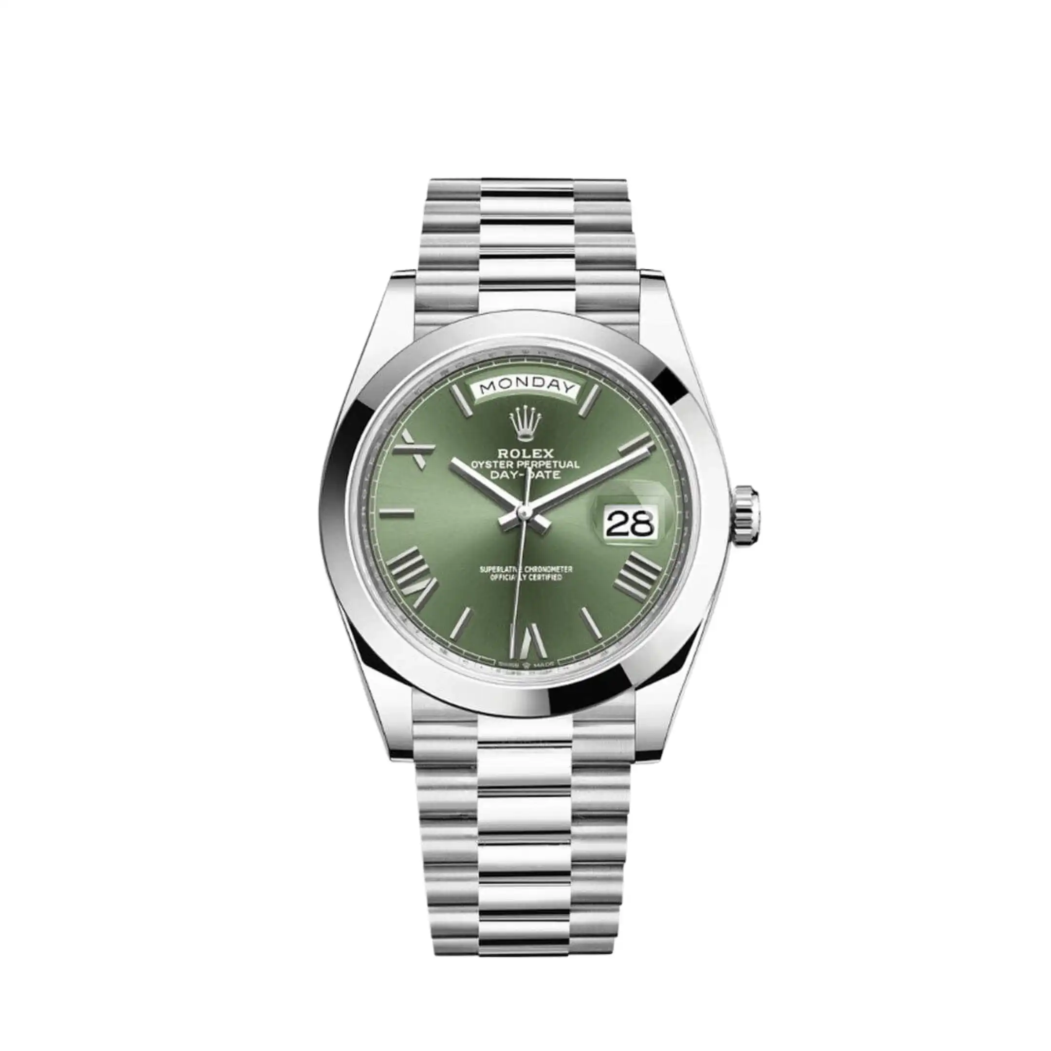 plhwesmynrh.webp Replica Rolex Day-Date 228206 Platinum President Olive Green Dial - Image 1