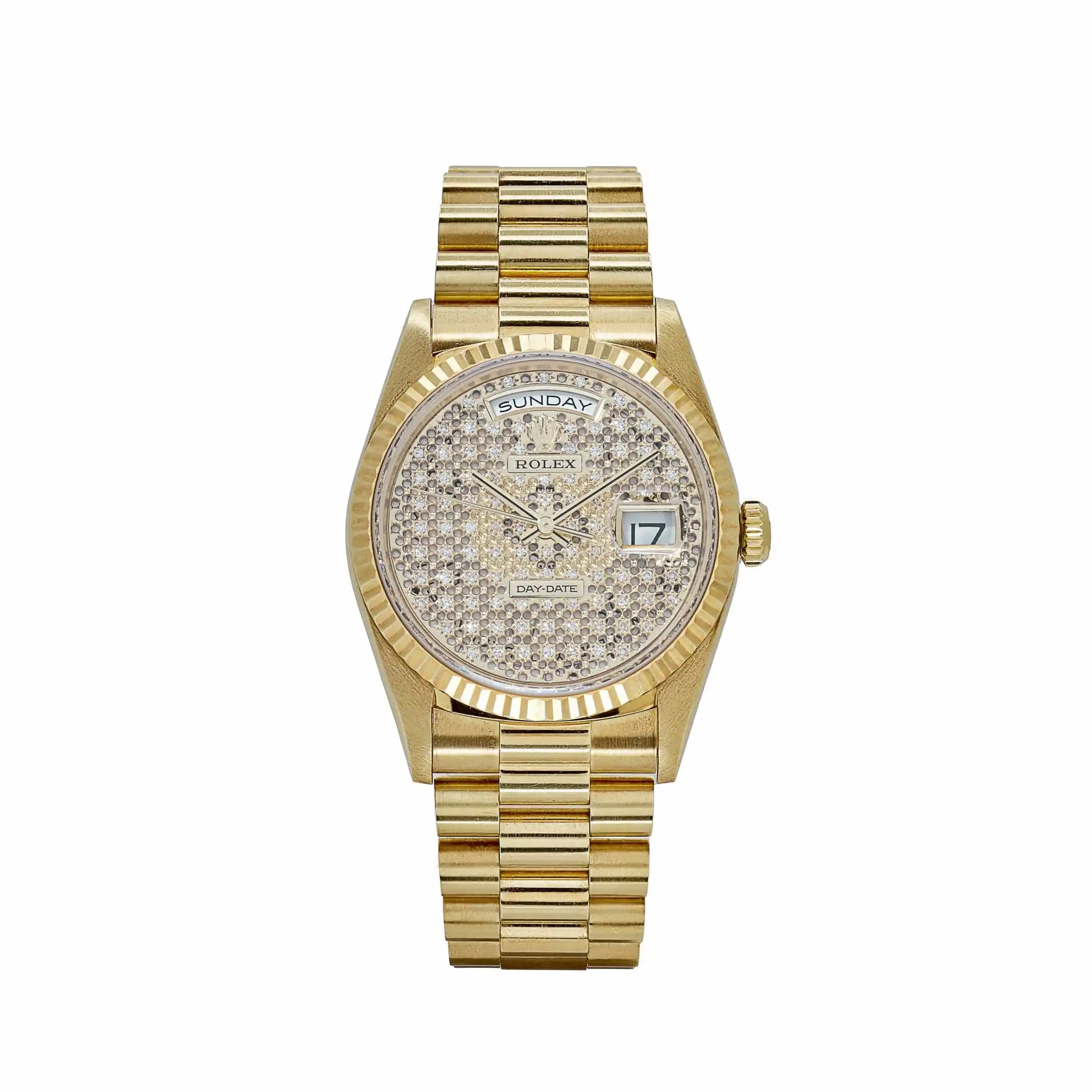 dtzylu14bxt.webp Replica Rolex Day-Date 18238 Yellow Gold Skeleton Pave Diamond Dial - Image 1