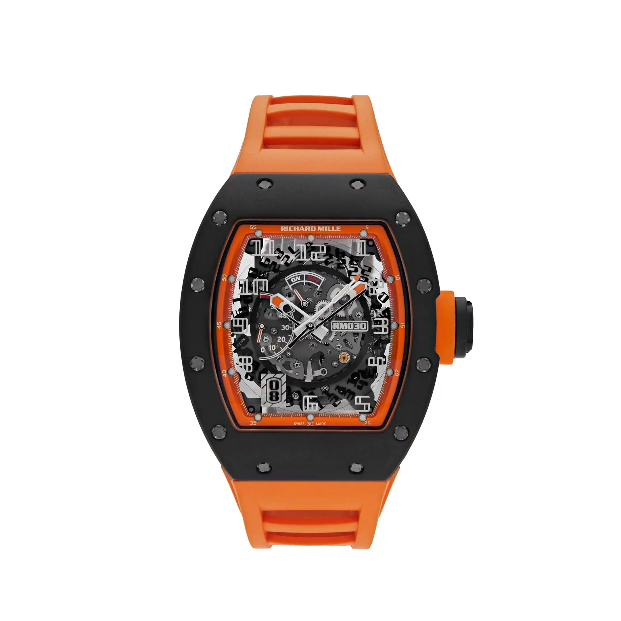 2racrx1e2gs.webp Richard Mille Replica RM 030 Americas Black Carbon Orange Strap Limited Edition - Image 1