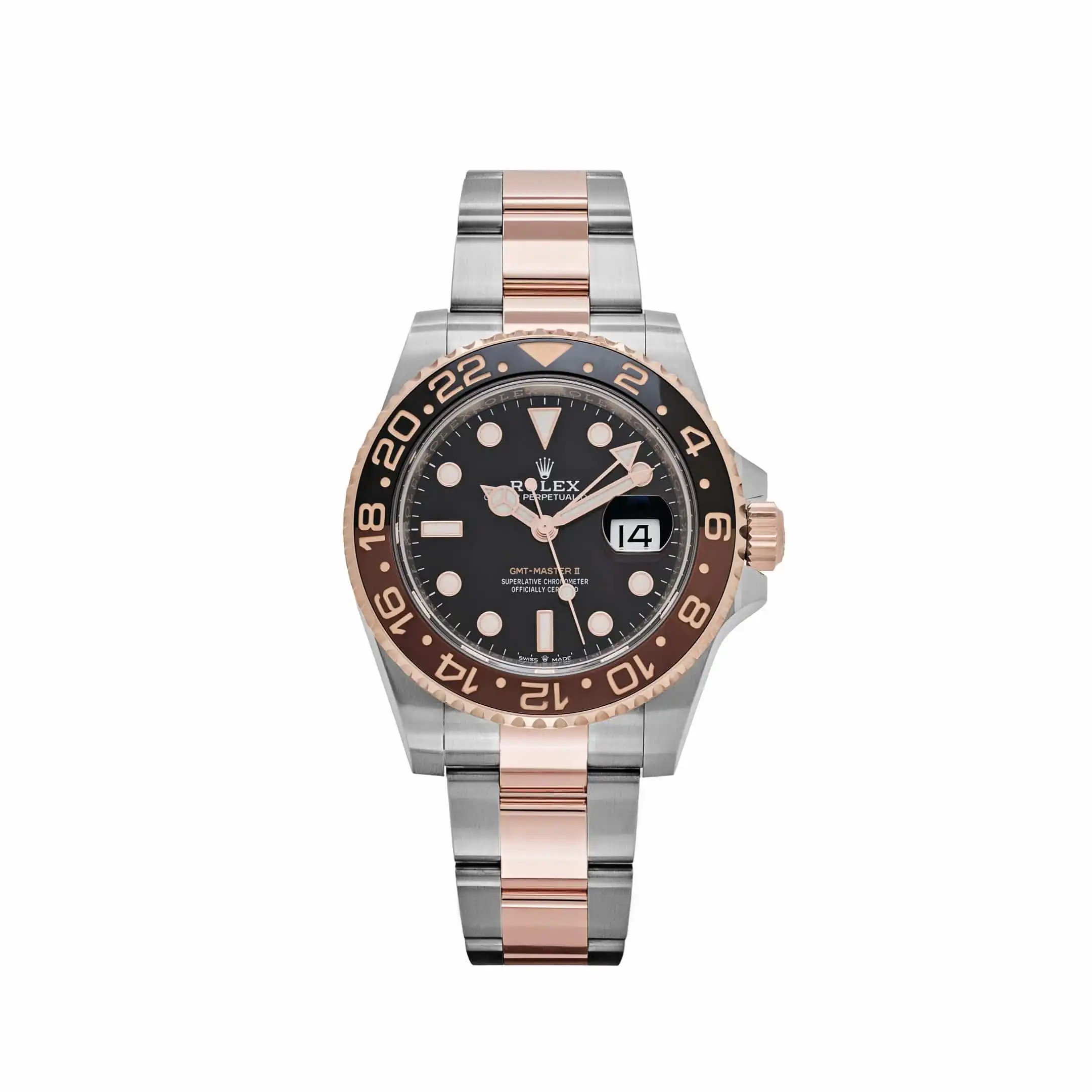 m4p2t03qbml.webp Rolex GMT-Master II Replica 126711CHNR 'Root Beer' Rose Gold Stainless Black Dial - Image 1
