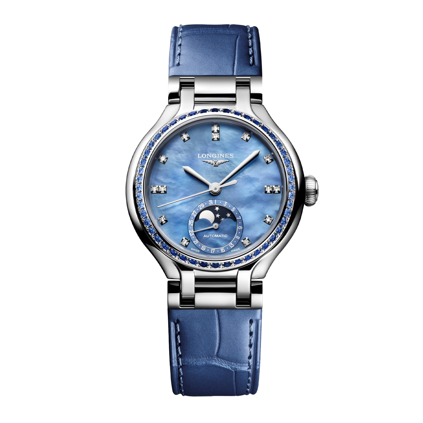 sc4vy42hrtw.jpg Longines PrimaLuna 34mm Ladies Watch Blue Leather Strap MPN: L81260972 - Image 1
