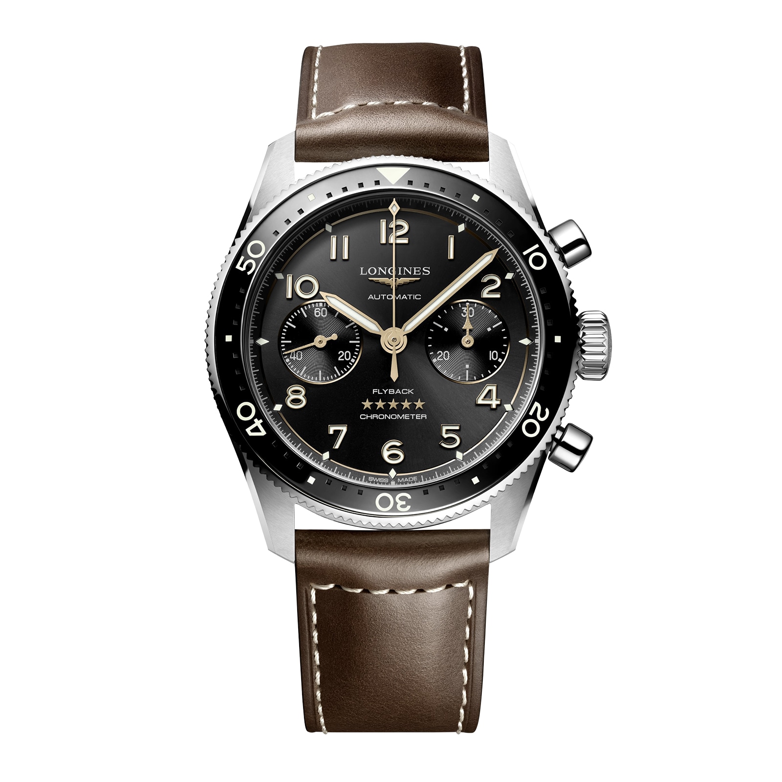 oiorwhwtahw.jpg Longines Spirit Flyback 42mm Steel Brown Leather Strap Black Sunray Dial MPN: L38214532 - Image 1