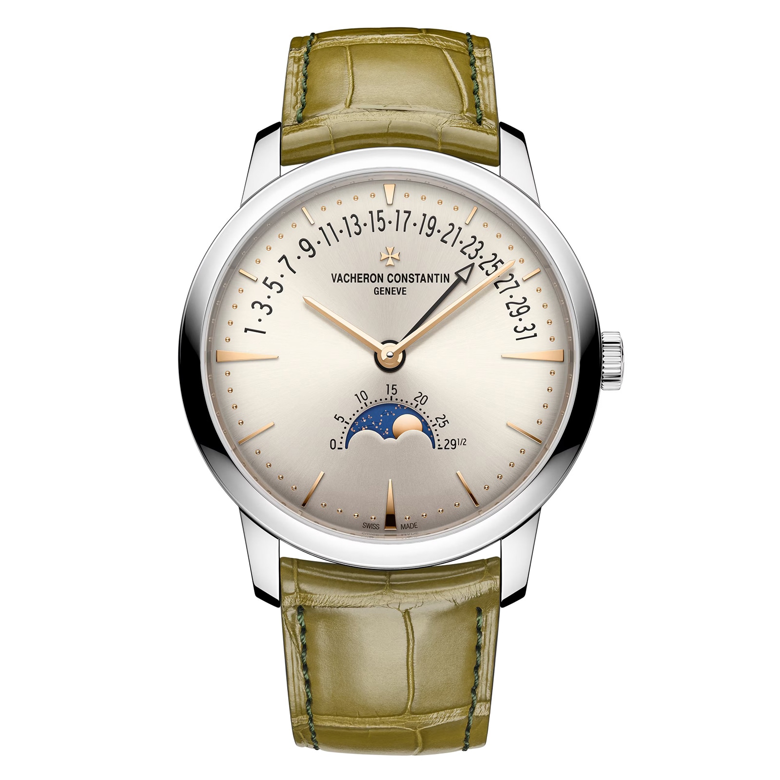 qeqln543kwh.jpg Vacheron Constantin Patrimony Moon Phase Retrograde Date 42.5mm White Gold MPN: 4010U/000G-H070 - Image 1